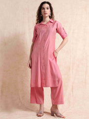 Pink Button-Down Vetican Kurta And Wide-Leg Pant Co-ord Set